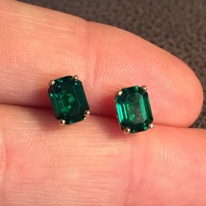 14K YELLOW GOLD GREEN EMERALD CUT EARRINGS